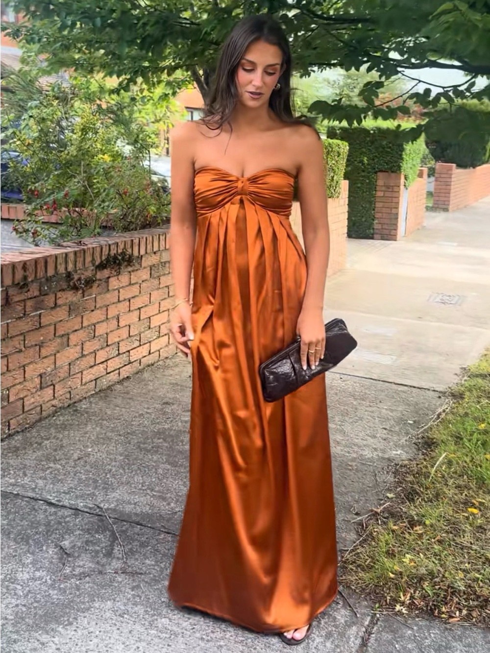 Lulus Memorable Entrance Rust Orange Strapless Satin Maxi Dress Size Large NWT